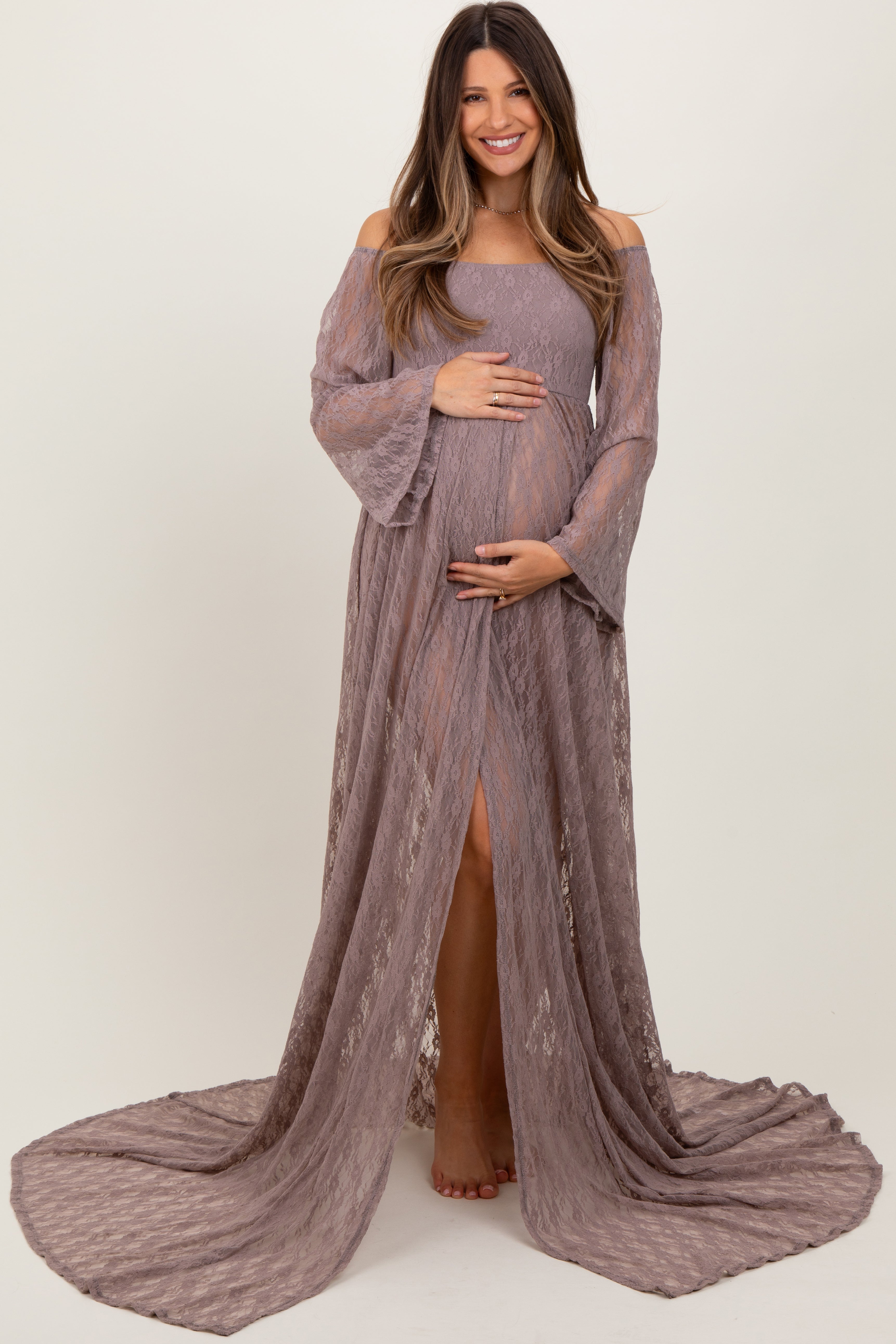 Mocha Lace Off Shoulder Maternity Photoshoot Gown/Dress PinkBlush