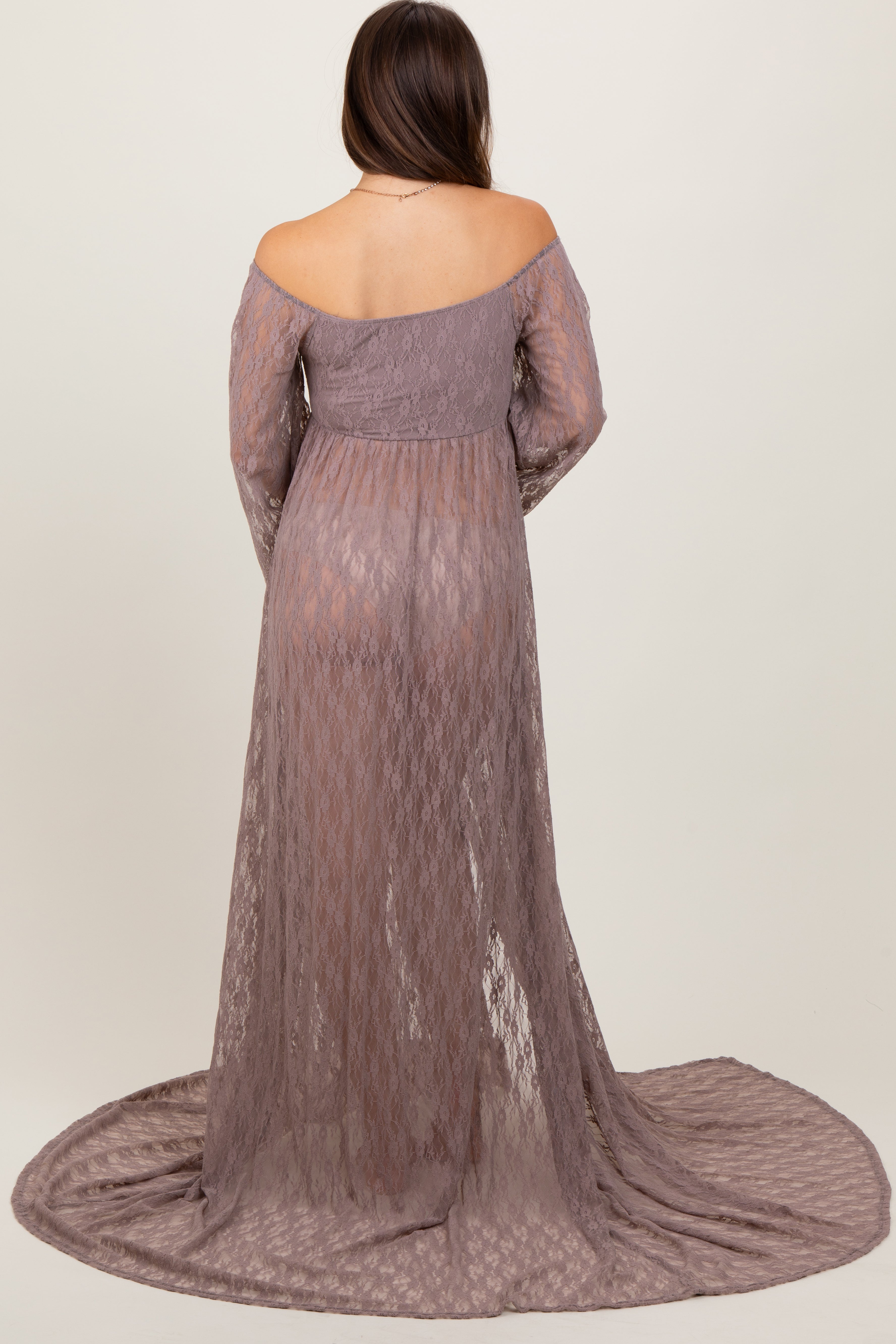 Mocha Lace Off Shoulder Maternity Photoshoot Gown/Dress PinkBlush