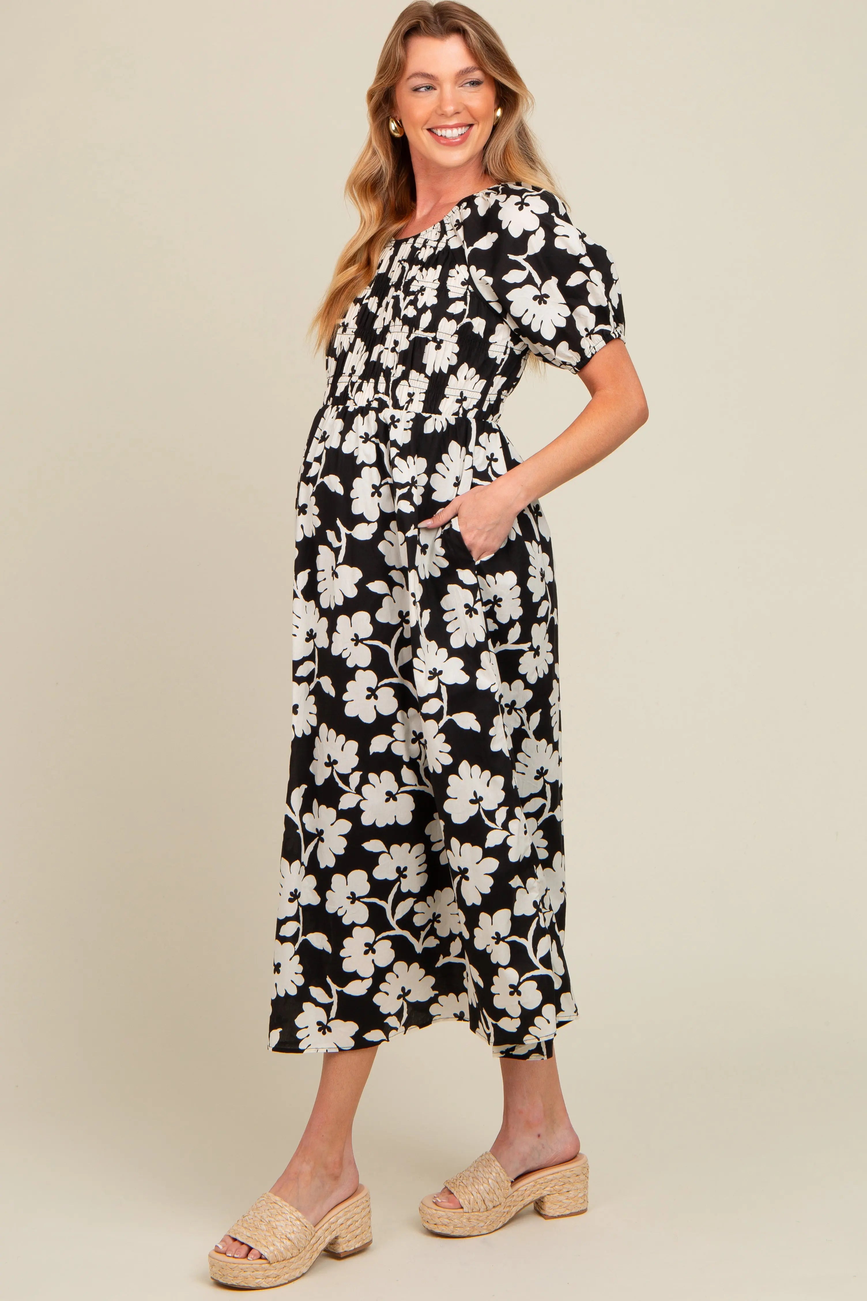 Black Floral Smocked Maternity Midi Dress PinkBlush