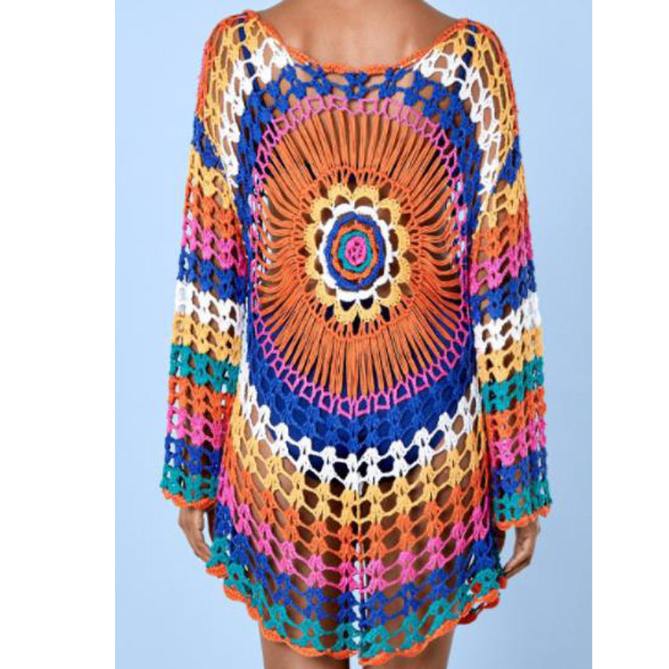 Crocheted Hollow Out Cutout Blouse Beach Knitted Blouse Long Sleeve Vacation Clothes Bikini Rainbow Sun Protection Clothing Crochet hook Bella Mia
