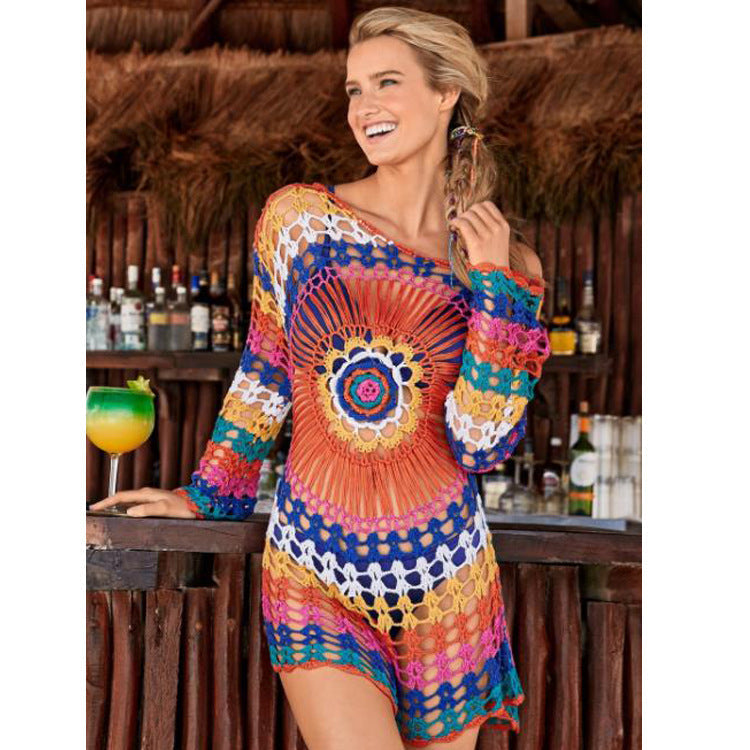 Crocheted Hollow Out Cutout Blouse Beach Knitted Blouse Long Sleeve Vacation Clothes Bikini Rainbow Sun Protection Clothing Crochet hook Bella Mia