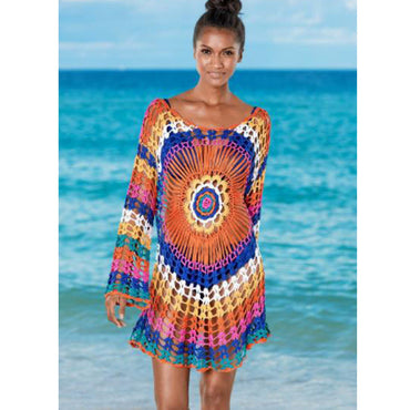 Crocheted Hollow Out Cutout Blouse Beach Knitted Blouse Long Sleeve Vacation Clothes Bikini Rainbow Sun Protection Clothing Crochet hook
