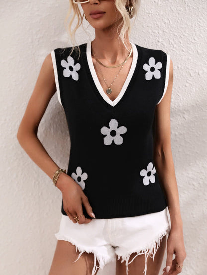 Floral Contrast Ribbed Trim Sweater Vest.