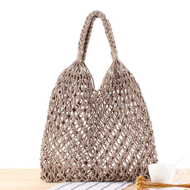 Solid Color One Shoulder Woven Bag Trendy Women Mori Straw Bag Degrees Handmade Cotton String Net Pocket Beach Bag Bella Mia