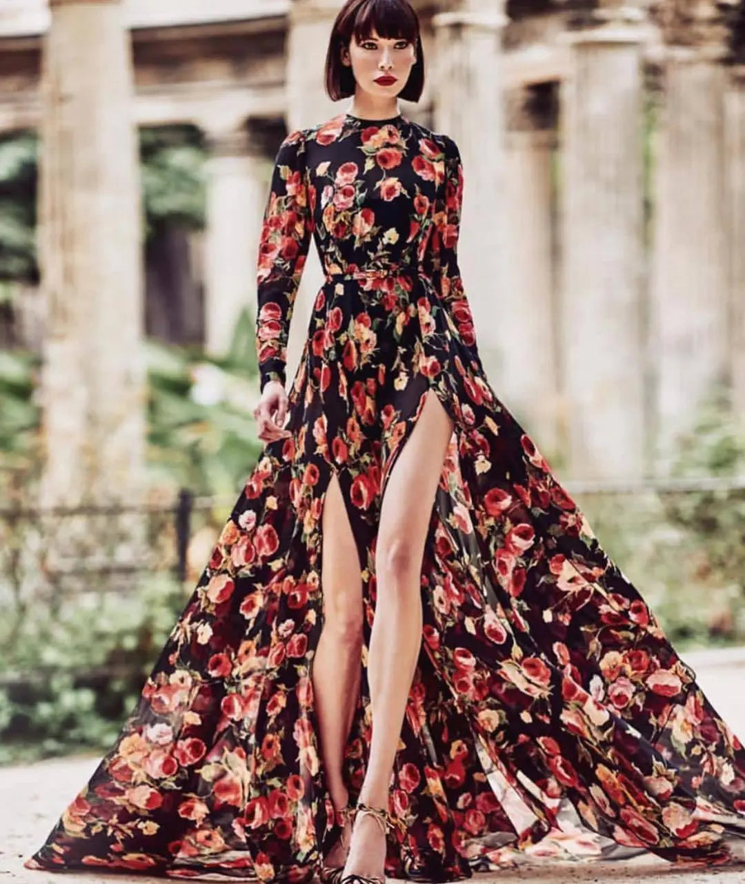 Floral Print Maxi Dress With Slit Ruched Zipper Crew Neck Long Sleeve Vacation Bella Mia