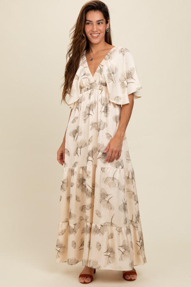Cream Floral Deep V-Neck Maxi Dress PinkBlush
