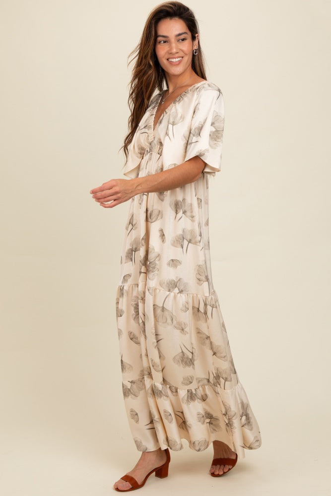 Cream Floral Deep V-Neck Maxi Dress PinkBlush