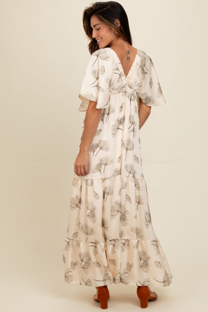 Cream Floral Deep V-Neck Maxi Dress PinkBlush