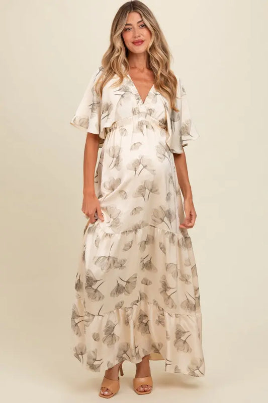 Cream Floral Deep V-Neck Maternity Maxi Dress PinkBlush
