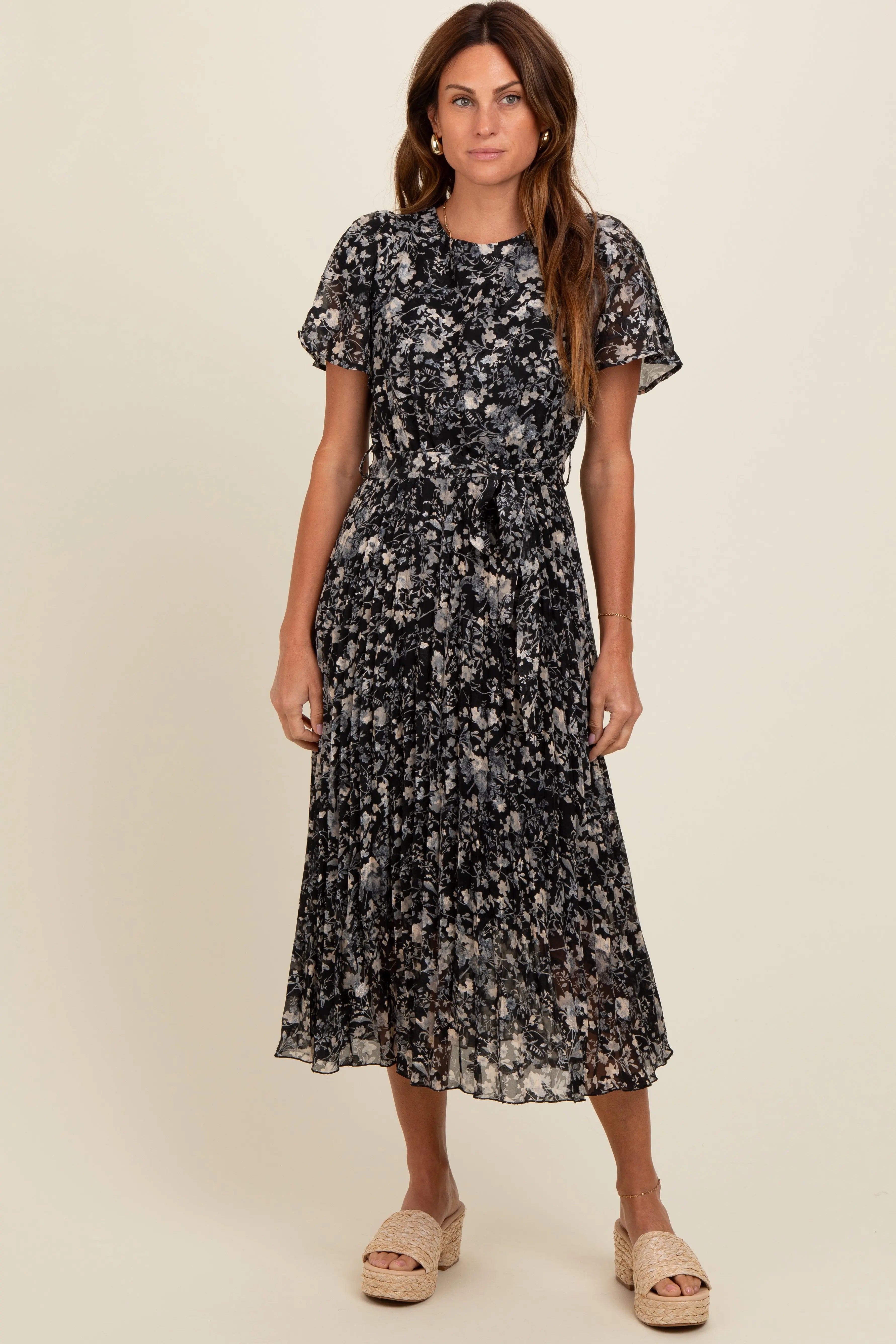 Black Floral Pleated Maternity Midi Dress PinkBlush