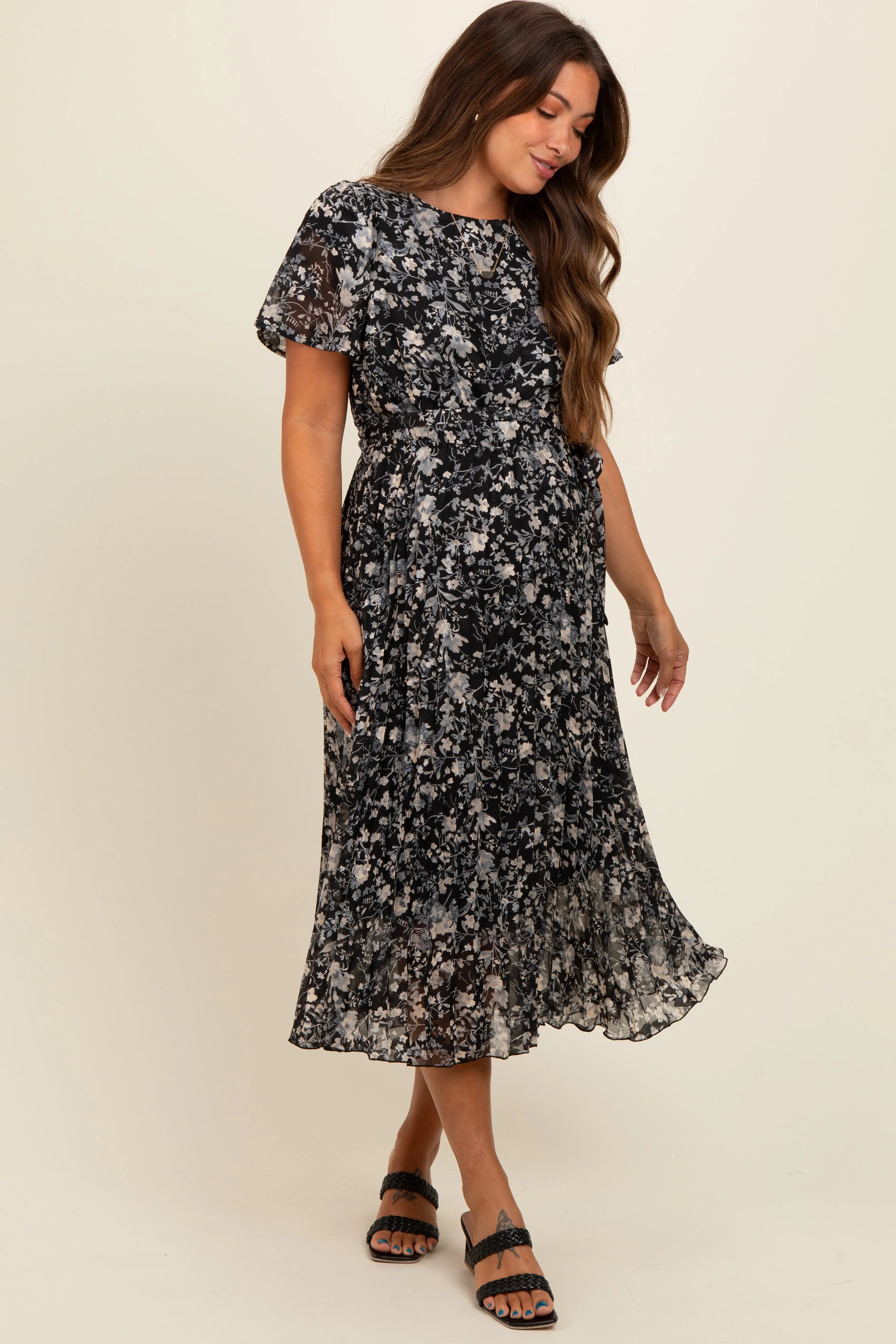 Black Floral Pleated Maternity Midi Dress PinkBlush