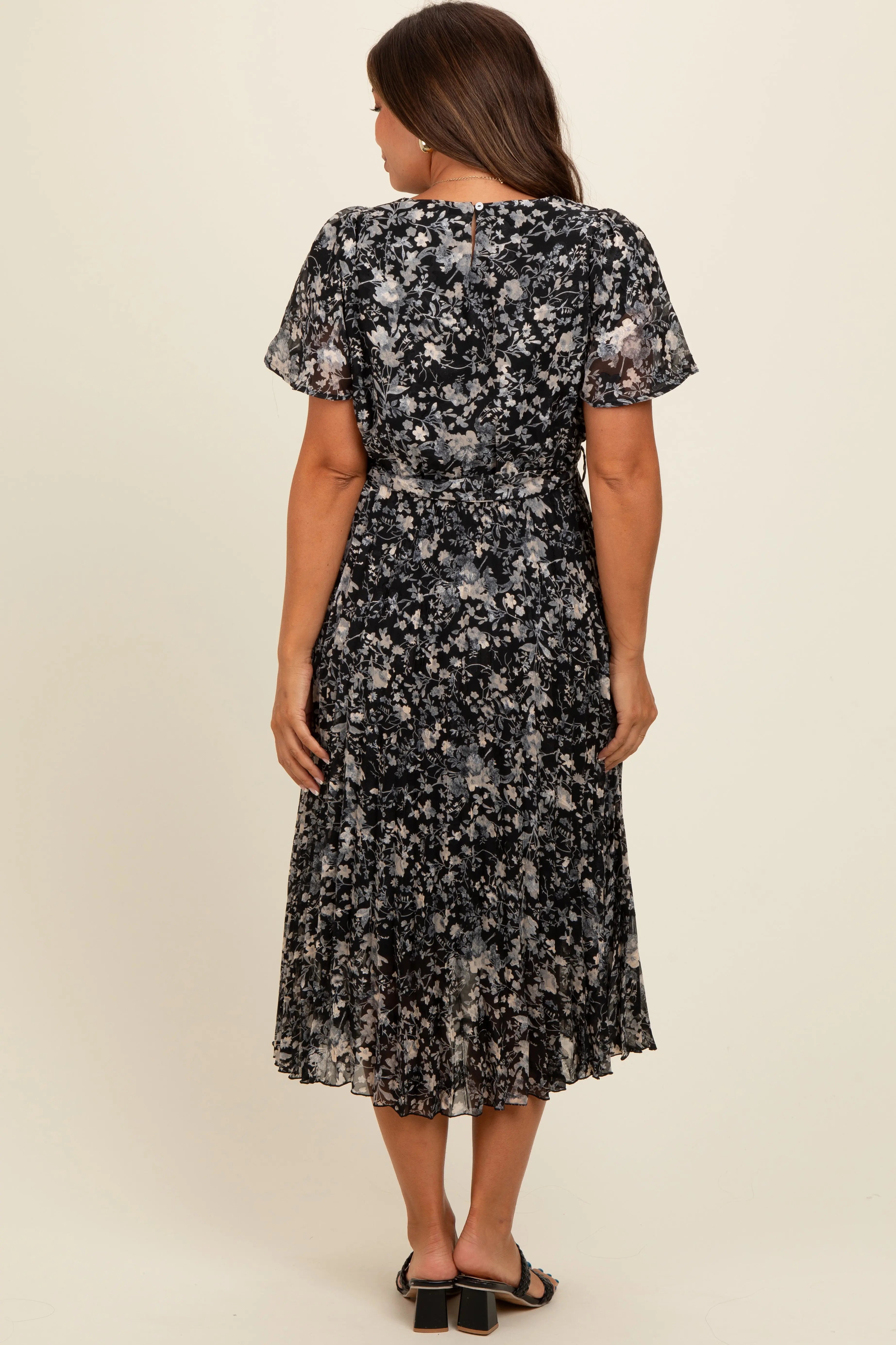 Black Floral Pleated Maternity Midi Dress PinkBlush