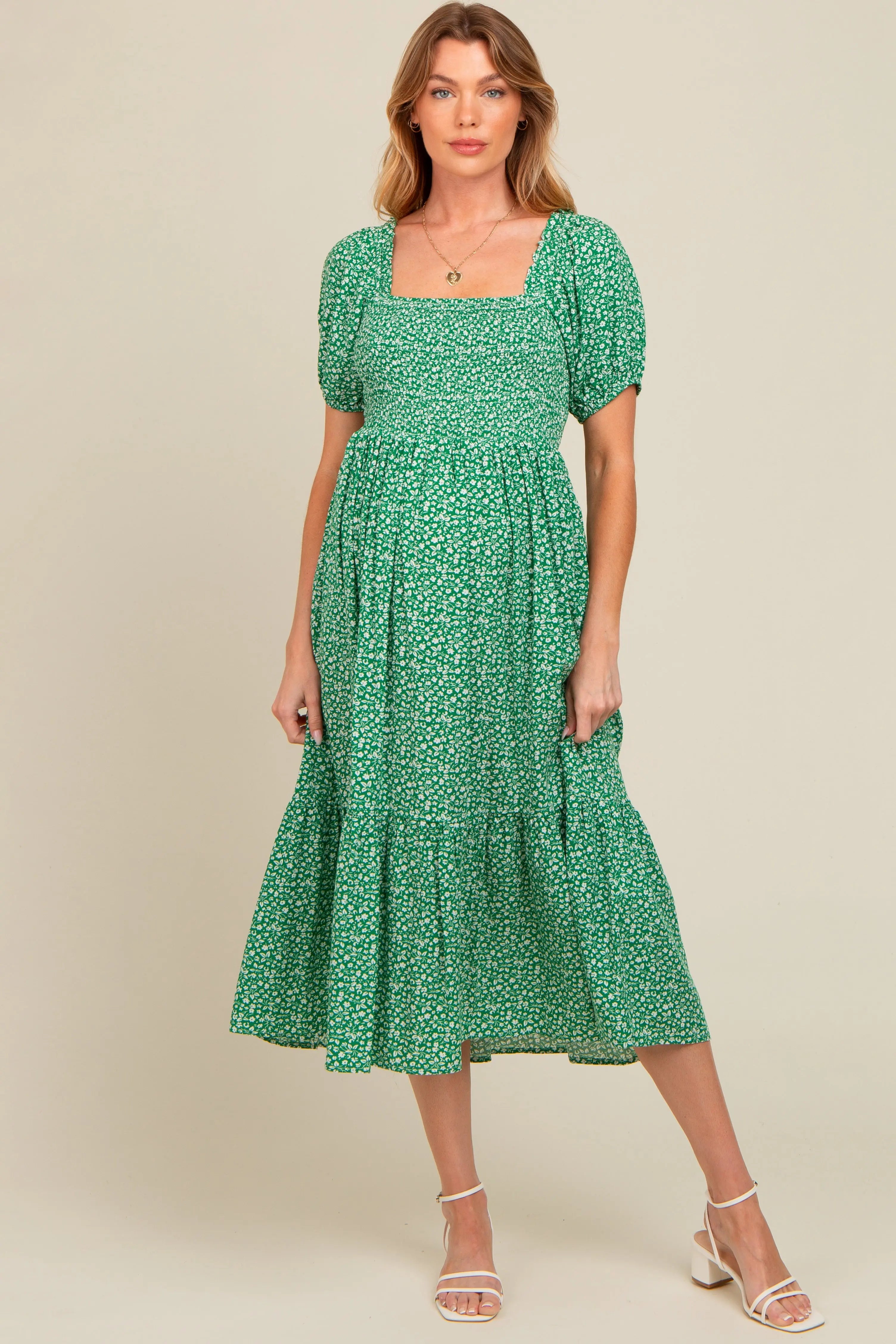 Green Floral Smocked Ruffle Hem Maternity Midi Dress PinkBlush