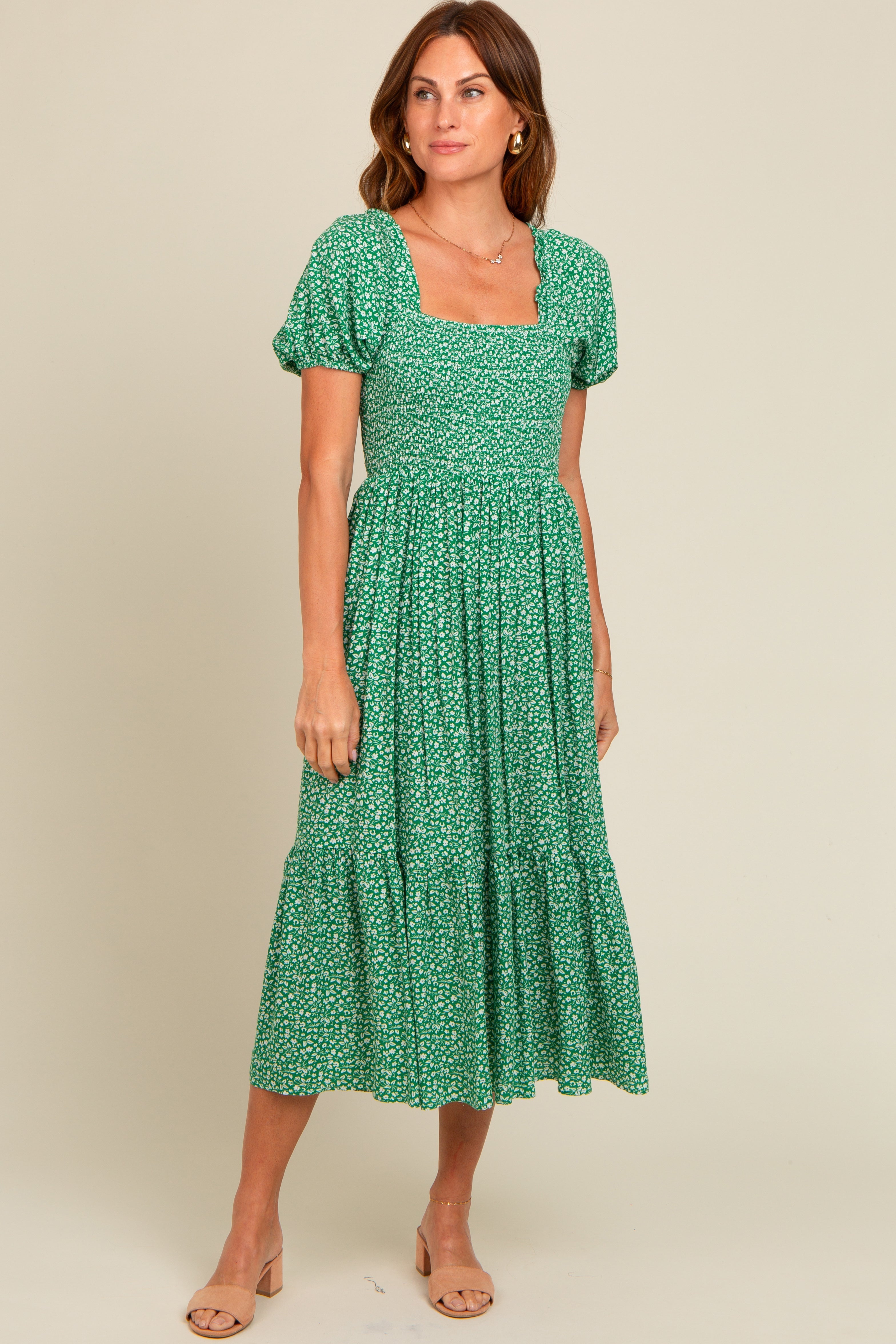 Green Floral Smocked Ruffle Hem Midi Dress PinkBlush