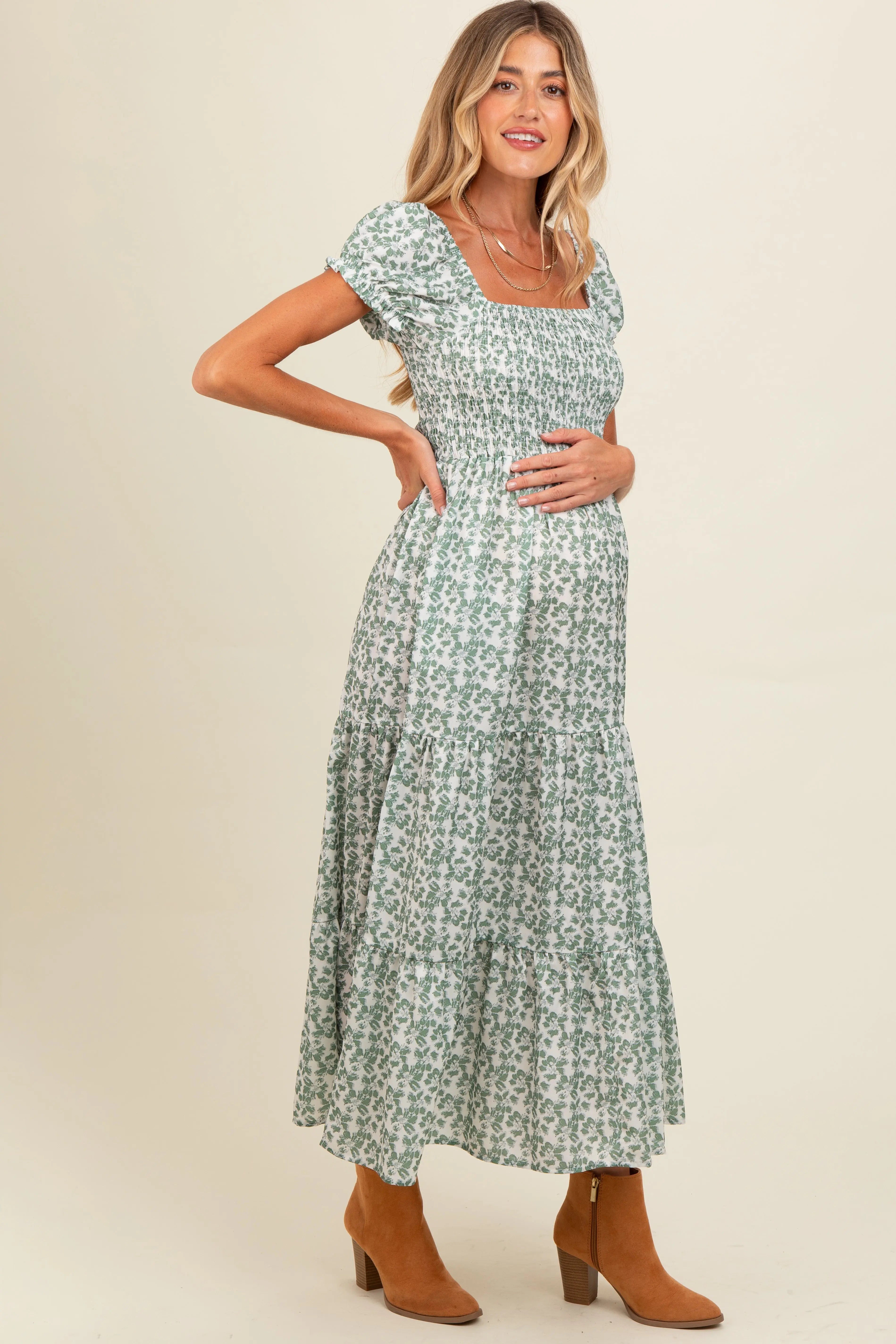 Olive Floral Puff Sleeve Smocked Maternity Maxi Dress PinkBlush