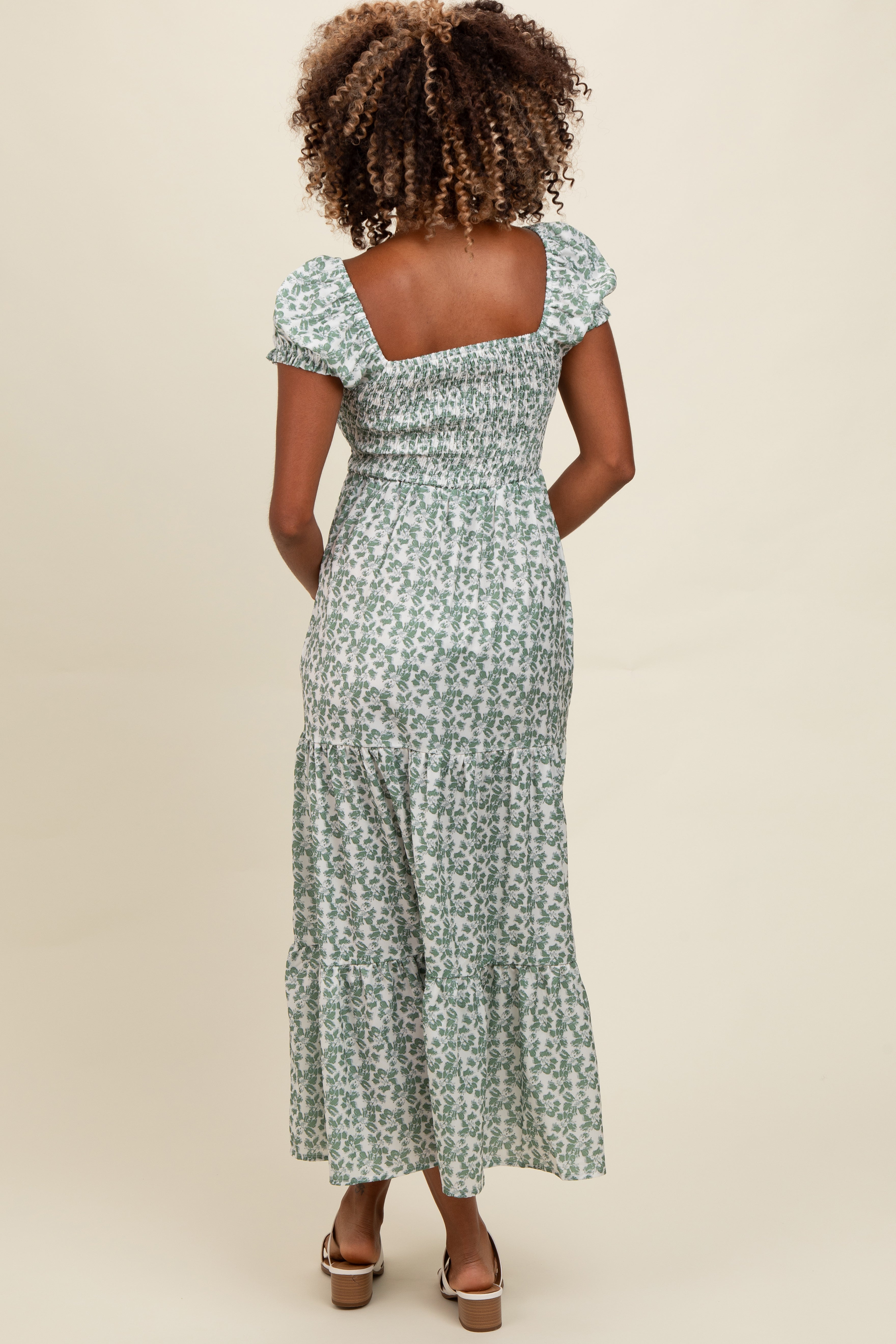 Olive Floral Puff Sleeve Smocked Maxi Dress PinkBlush