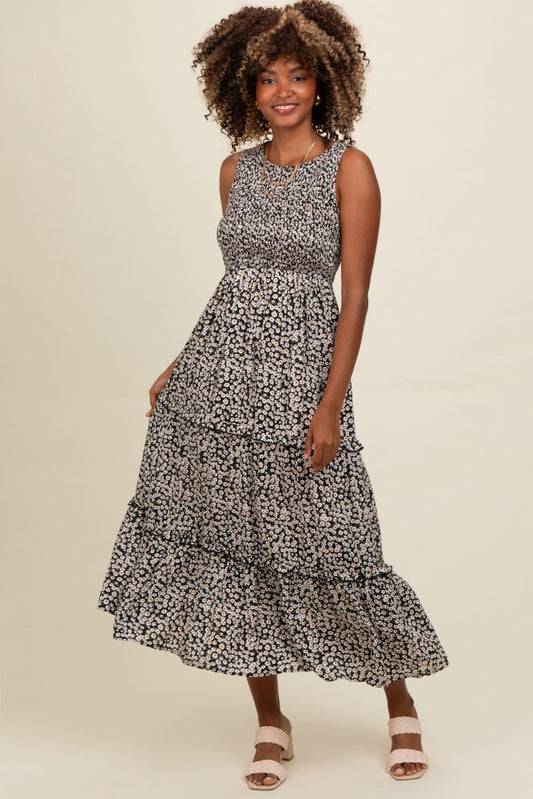 Black Floral Sleeveless Ruffle Tiered Maxi Dress PinkBlush