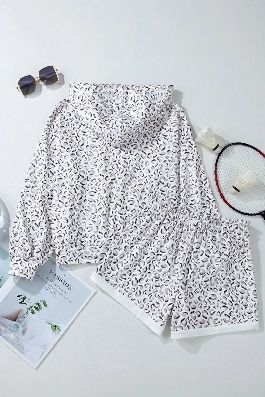 Leopard Print Drawstring Hoodie and Shorts Lounge Set