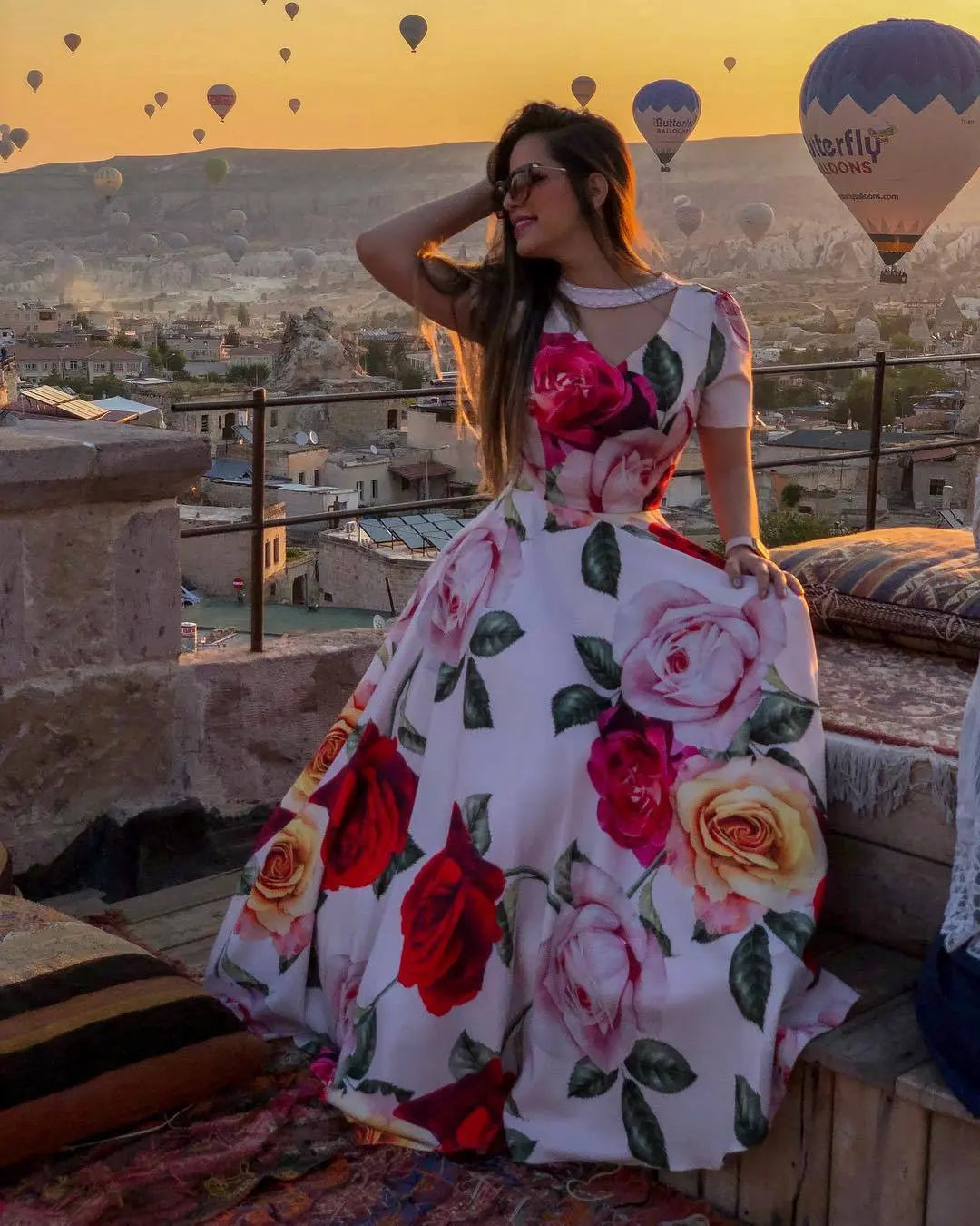 Spring Rose 3D Printing Large Swing Bead Stitching Short Sleeve Dress Bella Mia