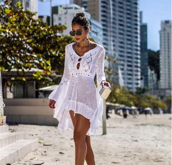 Hollow out Knitted Dress Bell Sleeve Beach Jacket Sexy Beach Cover Up Sun Protection Clothing Swimsuit Outwear Crochet hook Bella Mia