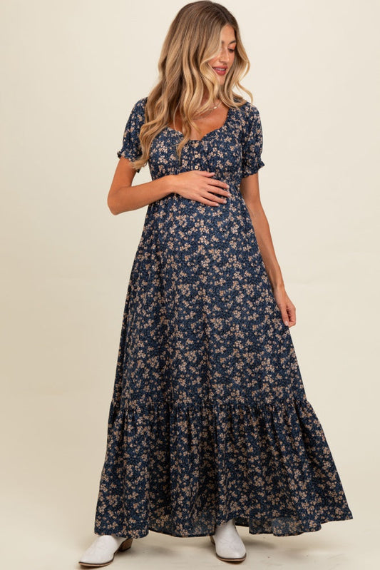 PinkBlush Navy Blue Floral Button Accent Maternity Maxi Dress - Main Product Image