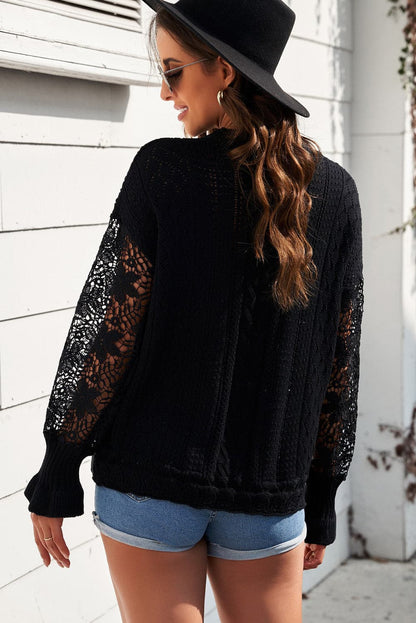 Openwork Lantern Sleeve Dropped Shoulder Sweater.