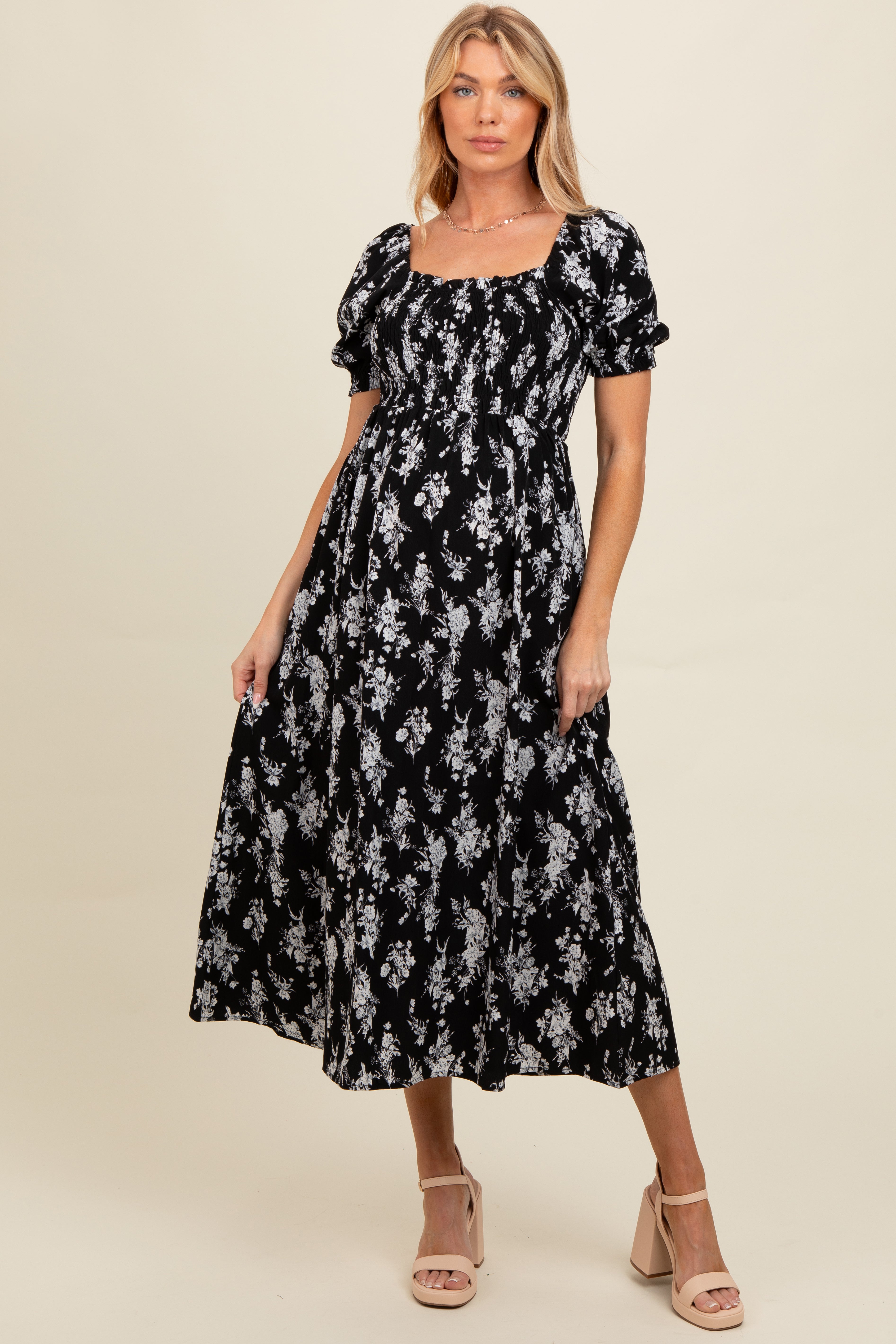 PinkBlush Black Floral Smocked Sweetheart Neckline Maternity Midi Dress - Alternate Angle