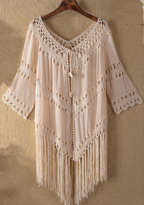 Women Clothing Hand Crocheting Stitching Tassel Lace up Solid Color Hollow Out Overclothes Sunscreen Beach Cover Up Bella Mia
