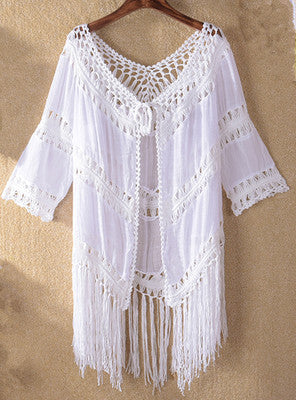 Women Clothing Hand Crocheting Stitching Tassel Lace up Solid Color Hollow Out Overclothes Sunscreen Beach Cover Up Bella Mia