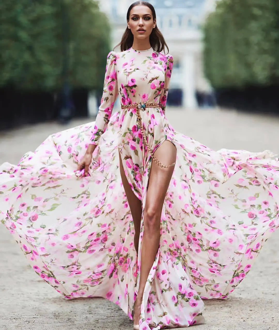 Floral Print Maxi Dress With Slit Ruched Zipper Crew Neck Long Sleeve Vacation Bella Mia