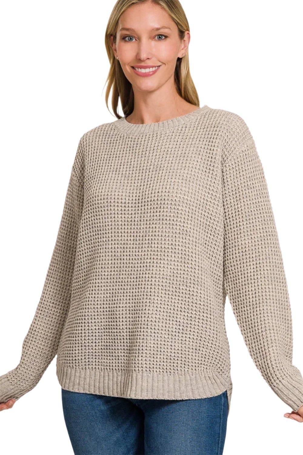 Zenana High Low Long Sleeve Waffle Sweater.