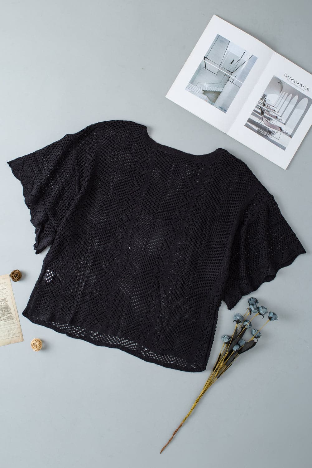 Openwork Round Neck Half Sleeve Knit Top.