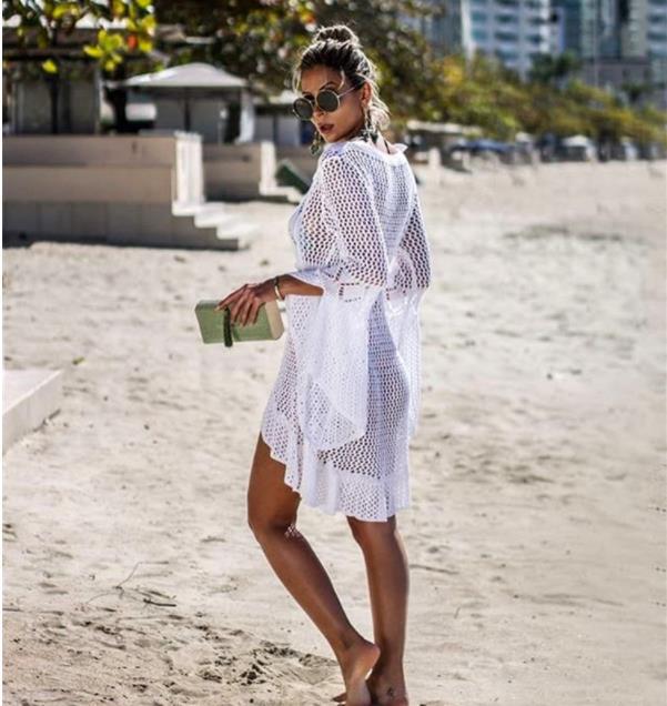 Hollow out Knitted Dress Bell Sleeve Beach Jacket Sexy Beach Cover Up Sun Protection Clothing Swimsuit Outwear Crochet hook Bella Mia