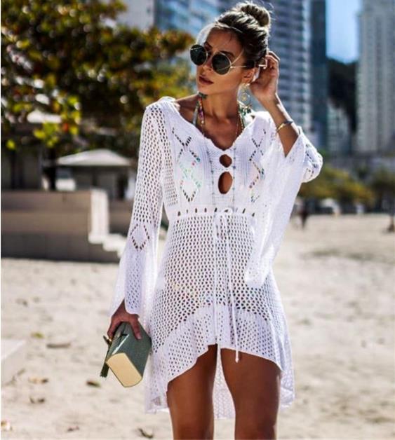 Hollow out Knitted Dress Bell Sleeve Beach Jacket Sexy Beach Cover Up Sun Protection Clothing Swimsuit Outwear Crochet hook Bella Mia
