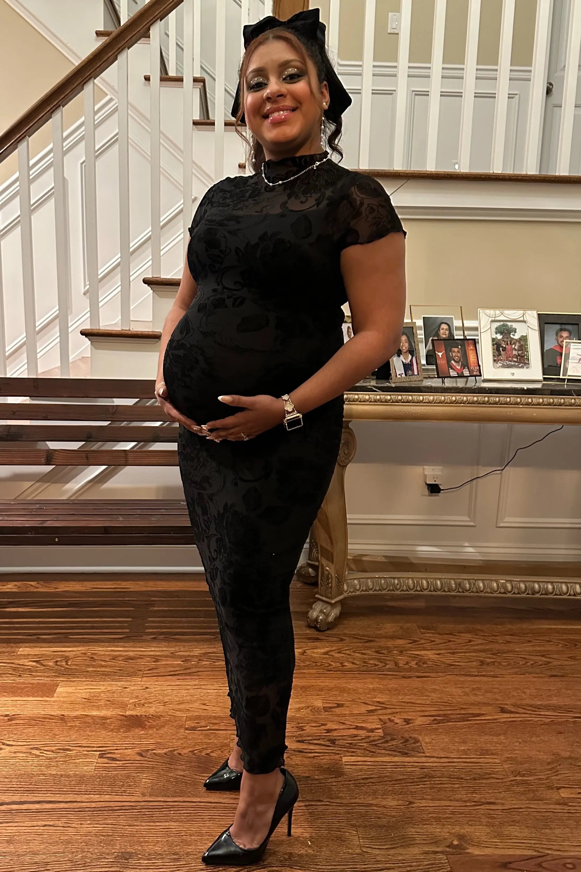 Black Floral Mesh Overlay Fitted Maternity Maxi Dress PinkBlush