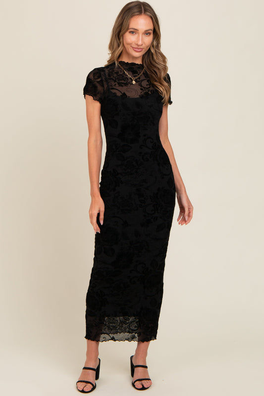 PinkBlush Black Floral Mesh Overlay Fitted Maxi Dress, an elegant choice for online shoppers seeking quality apparel.