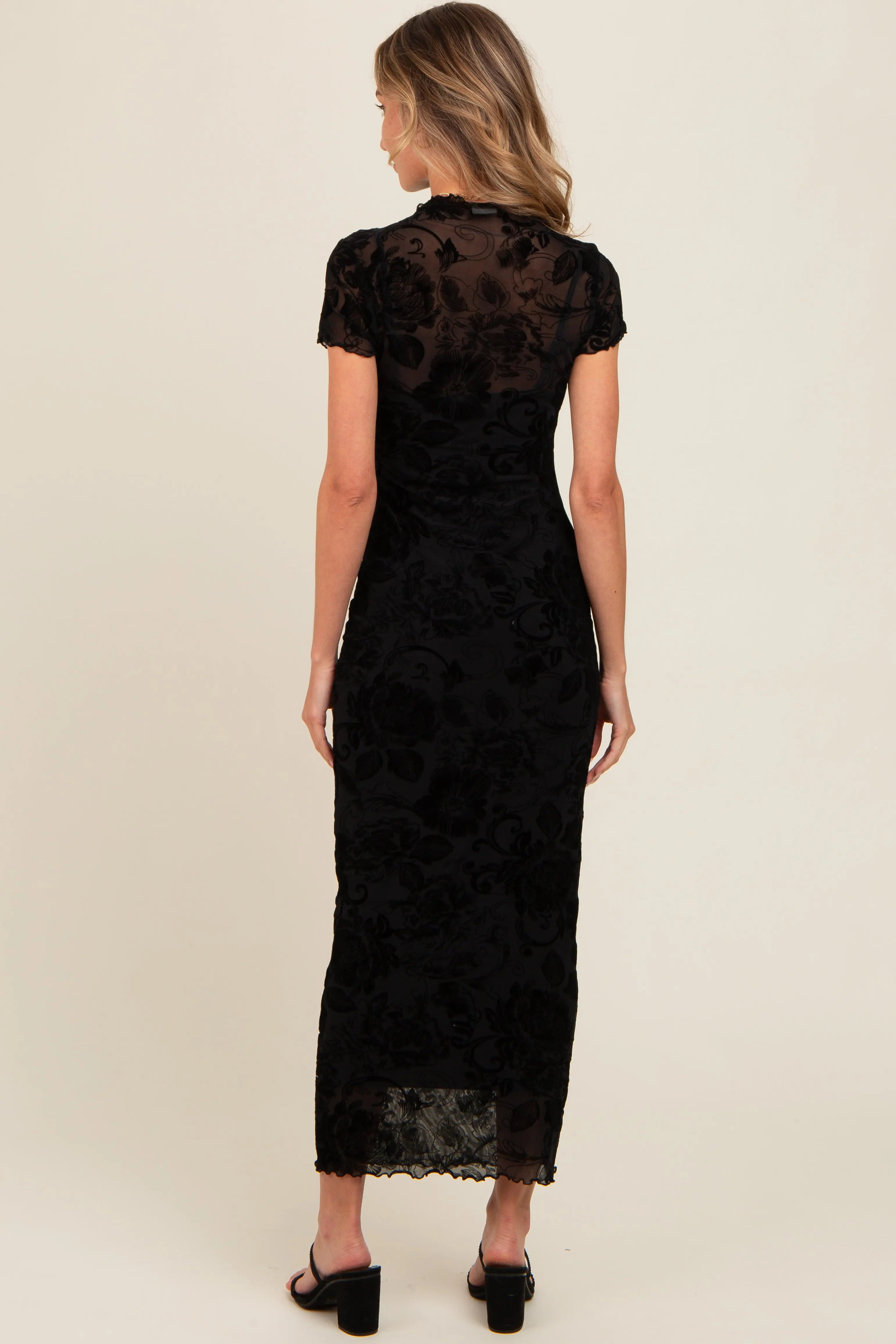 Black Floral Mesh Overlay Fitted Maxi Dress PinkBlush