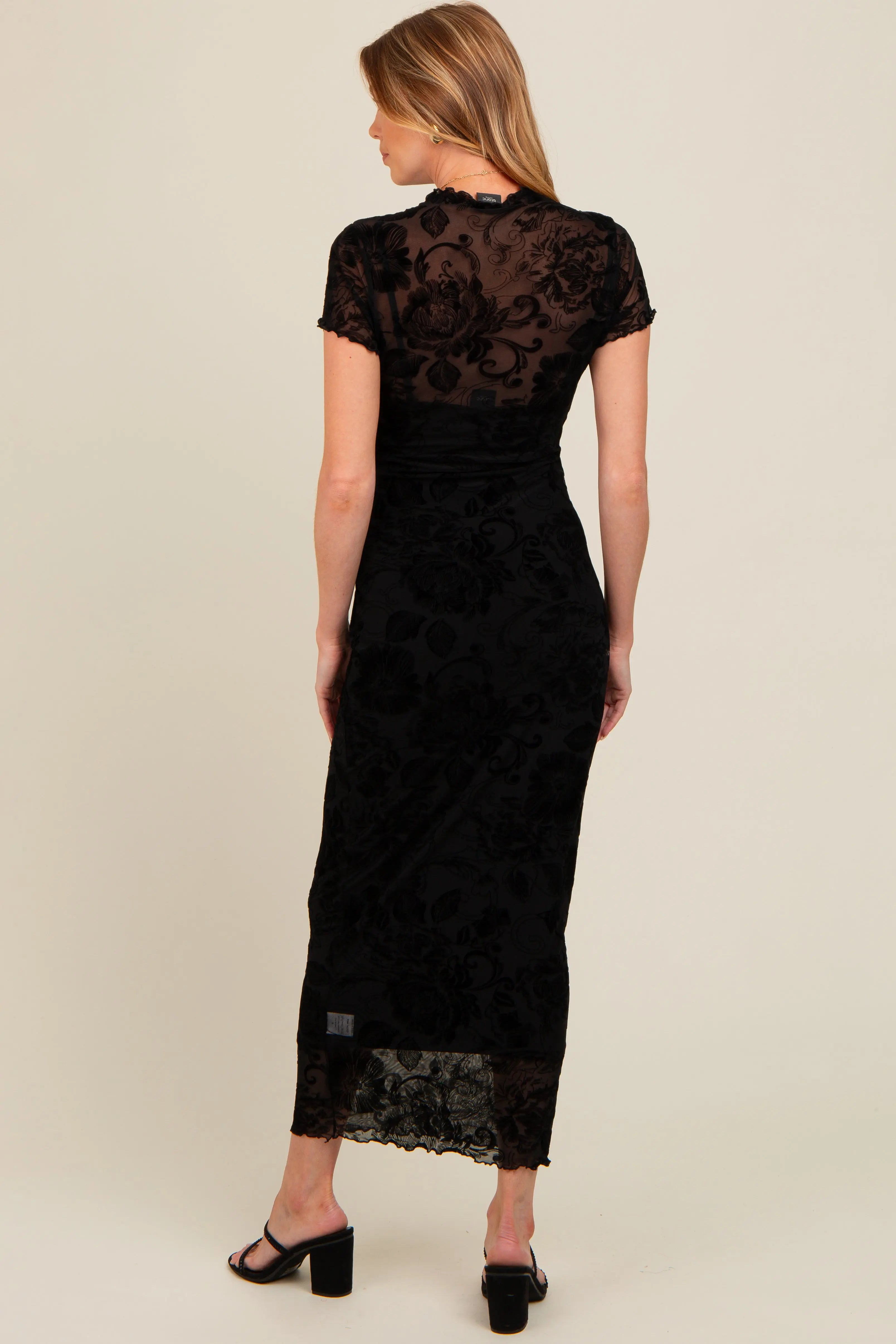 Black Floral Mesh Overlay Fitted Maternity Maxi Dress PinkBlush