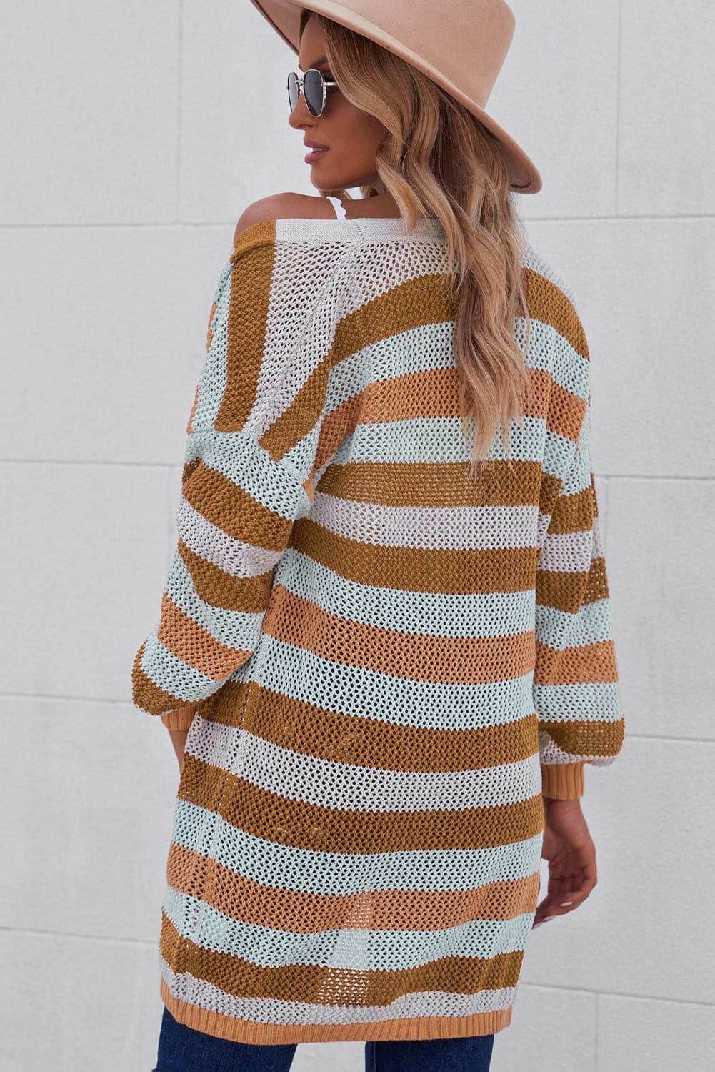 Full Size Striped Long Sleeve Openwork Cardigan.