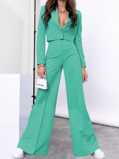 Button-Up Cropped Top and Flared Trousers Set