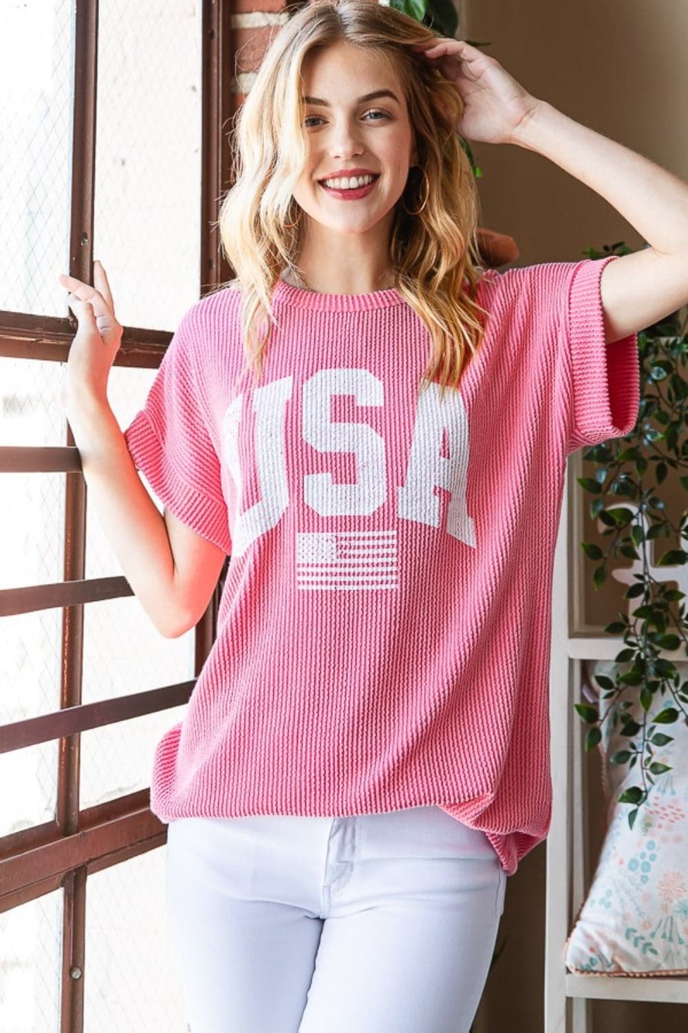 Heimish Full Size USA Graphic Short Sleeve Ribbed Top.