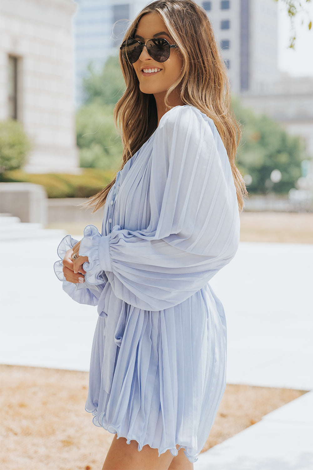 Irene Pleated Ruffled Tie Waist Button V Neck Romper for Women - Love Salve 