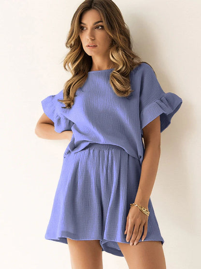 Ruffled Round Neck Top and Shorts Set.