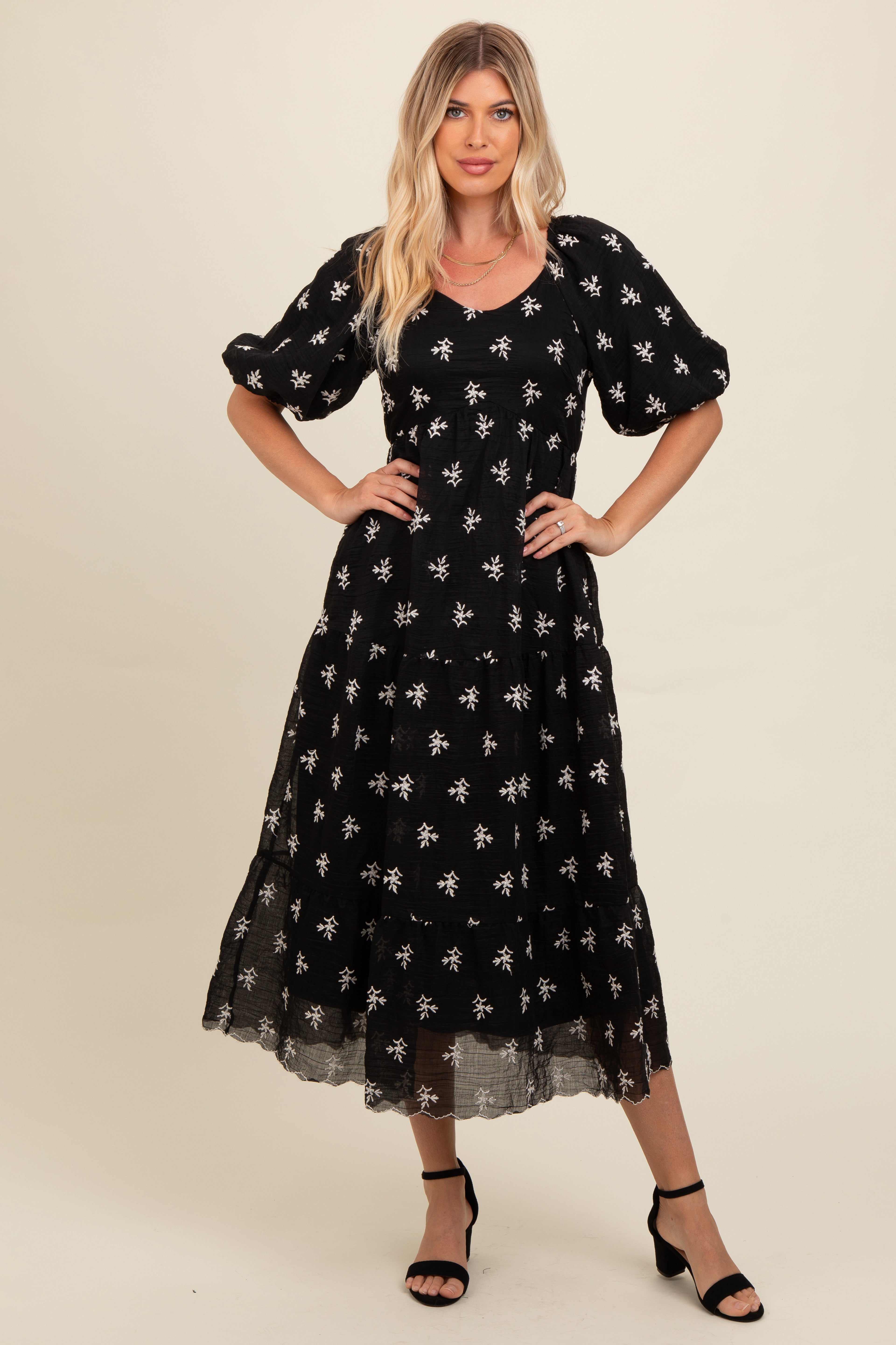 Black Floral Puff Sleeve Maternity Midi Dress PinkBlush