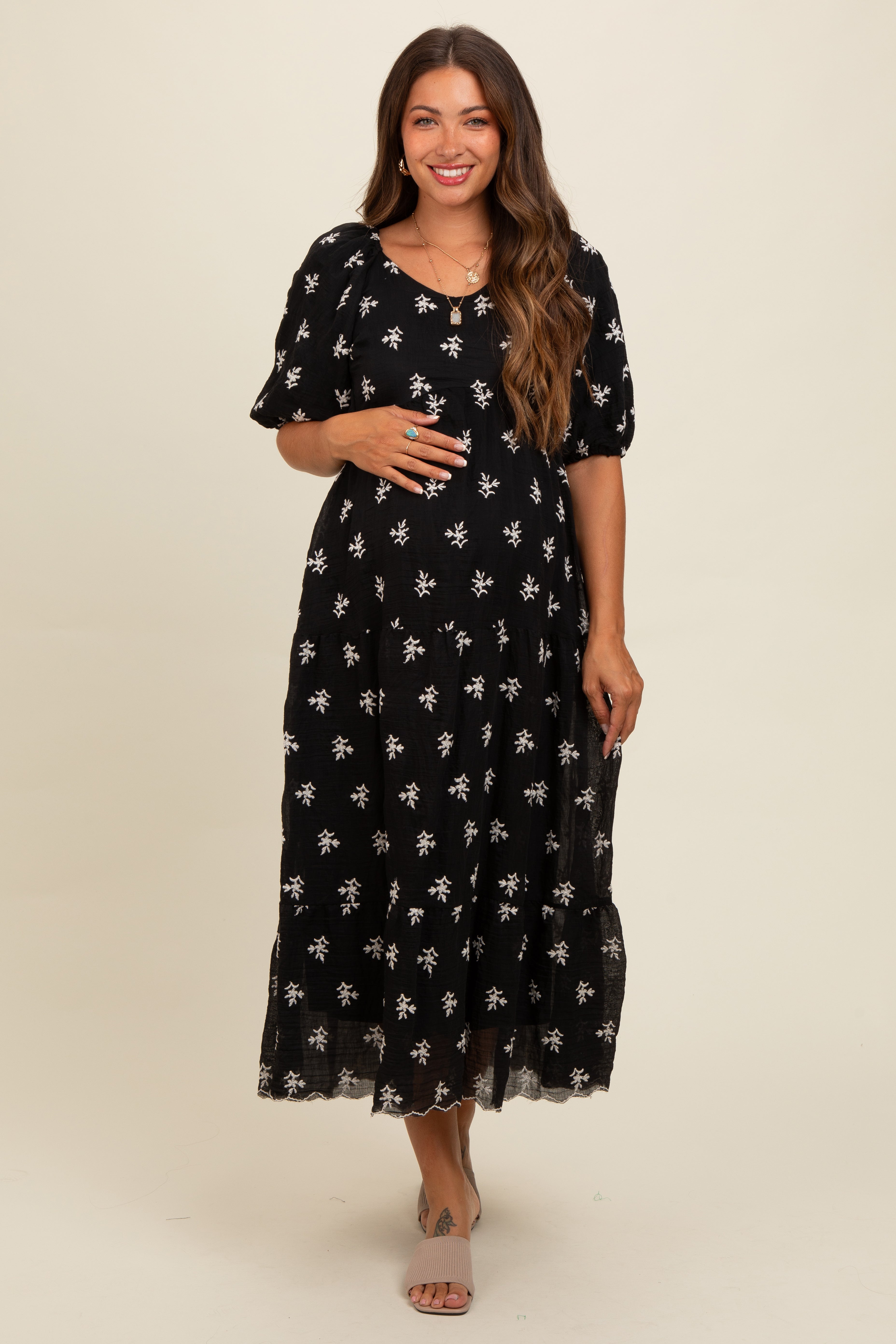 Black Floral Puff Sleeve Maternity Midi Dress PinkBlush