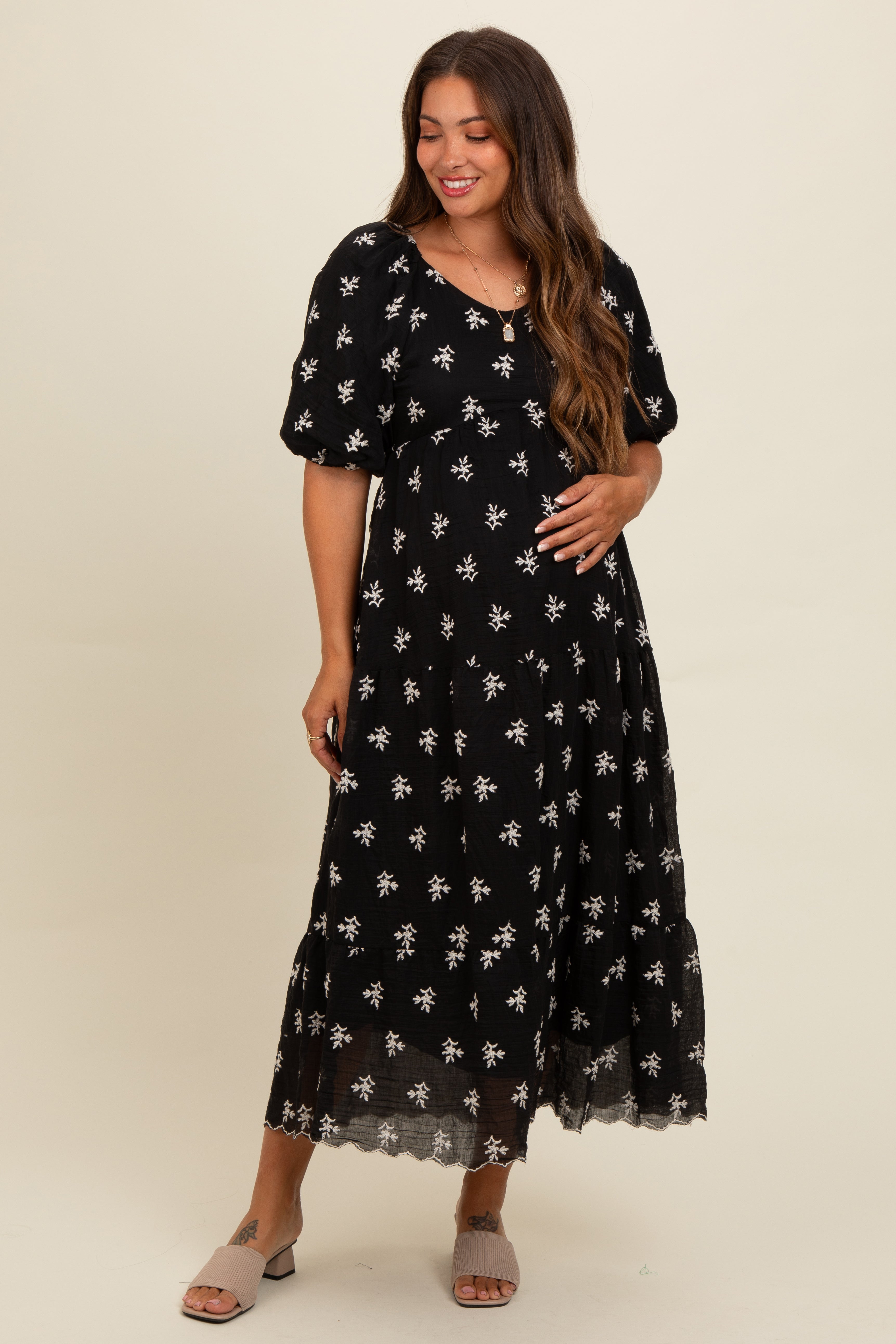 Black Floral Puff Sleeve Maternity Midi Dress PinkBlush