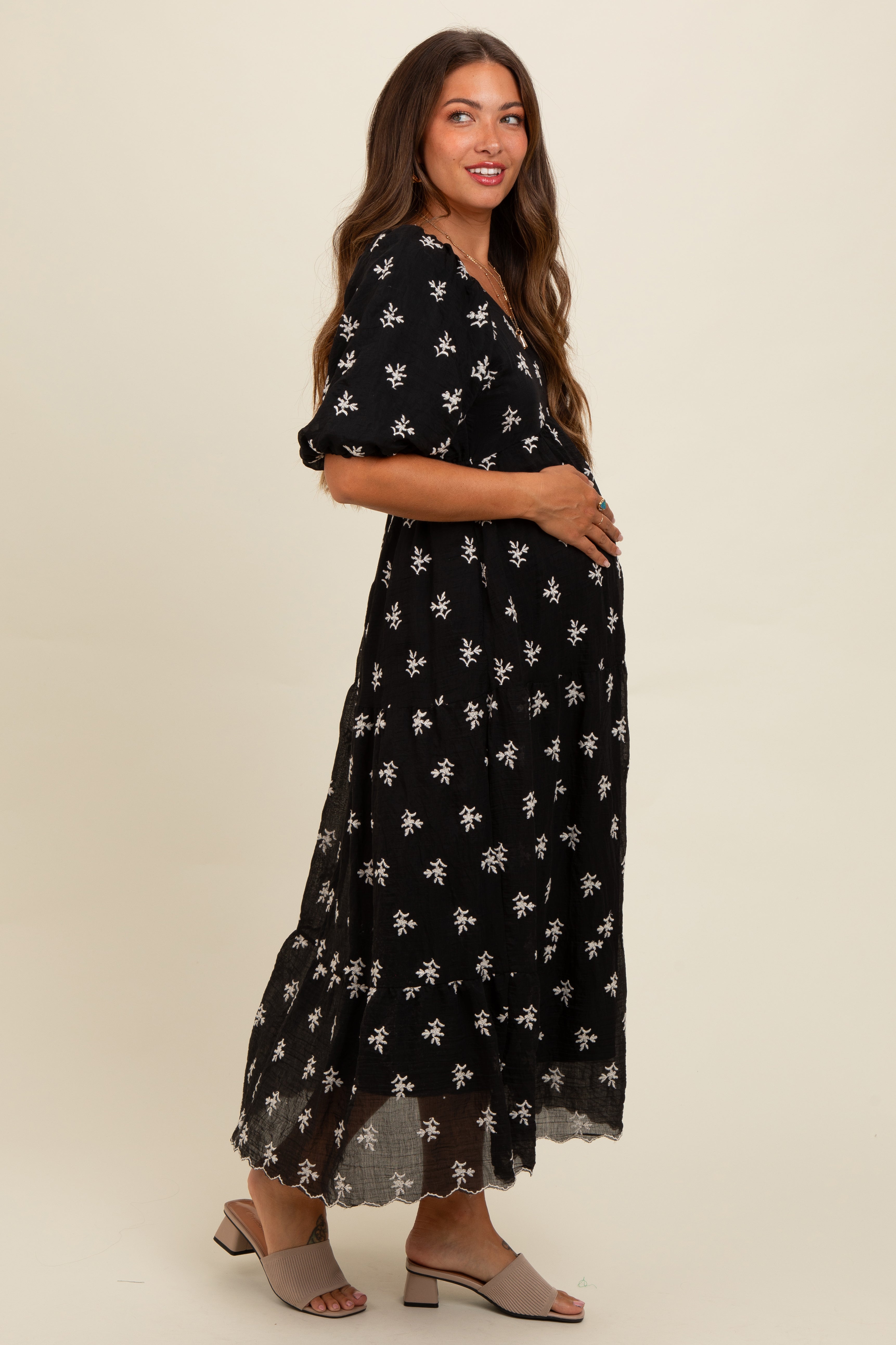 Black Floral Puff Sleeve Maternity Midi Dress PinkBlush