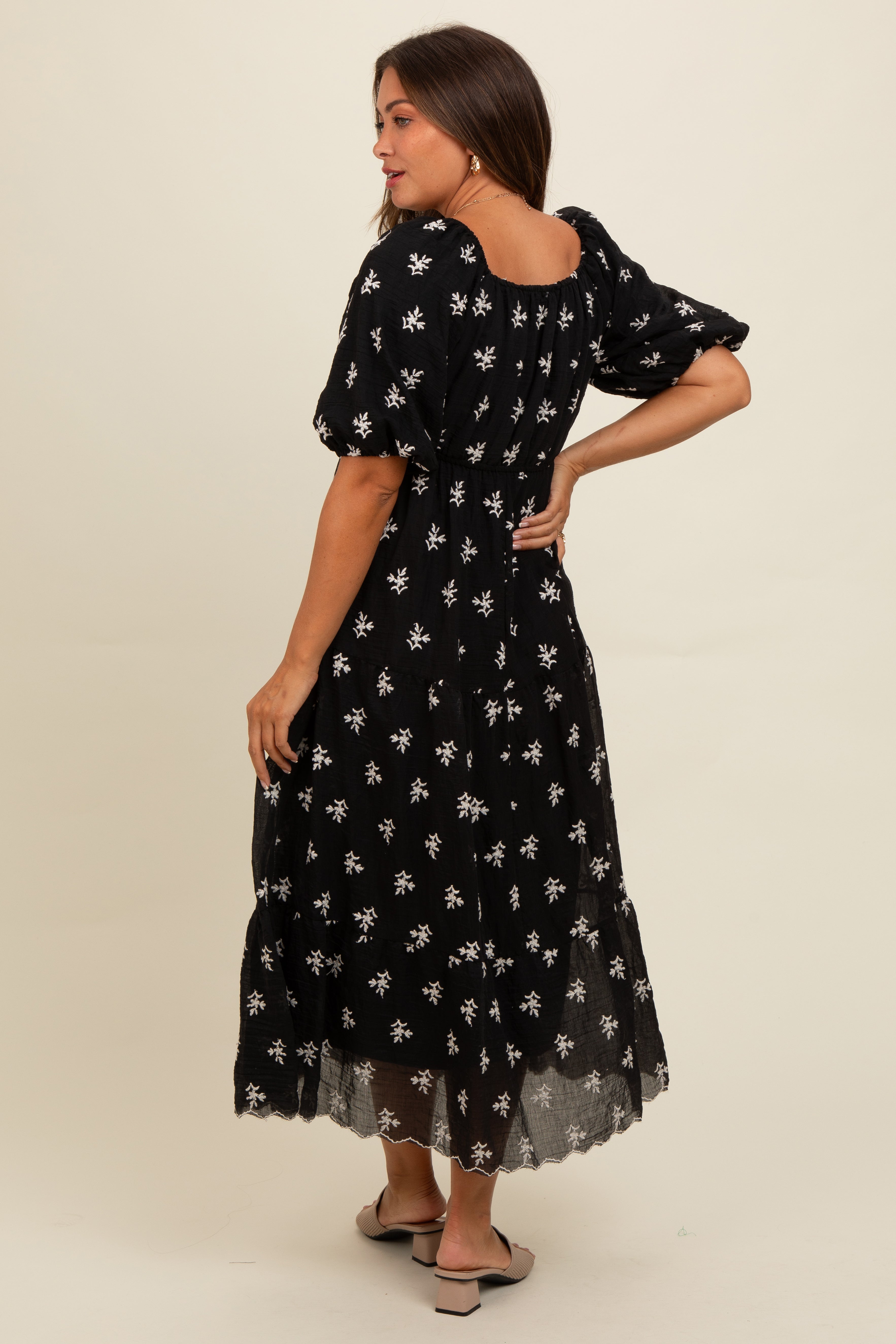 Black Floral Puff Sleeve Maternity Midi Dress PinkBlush