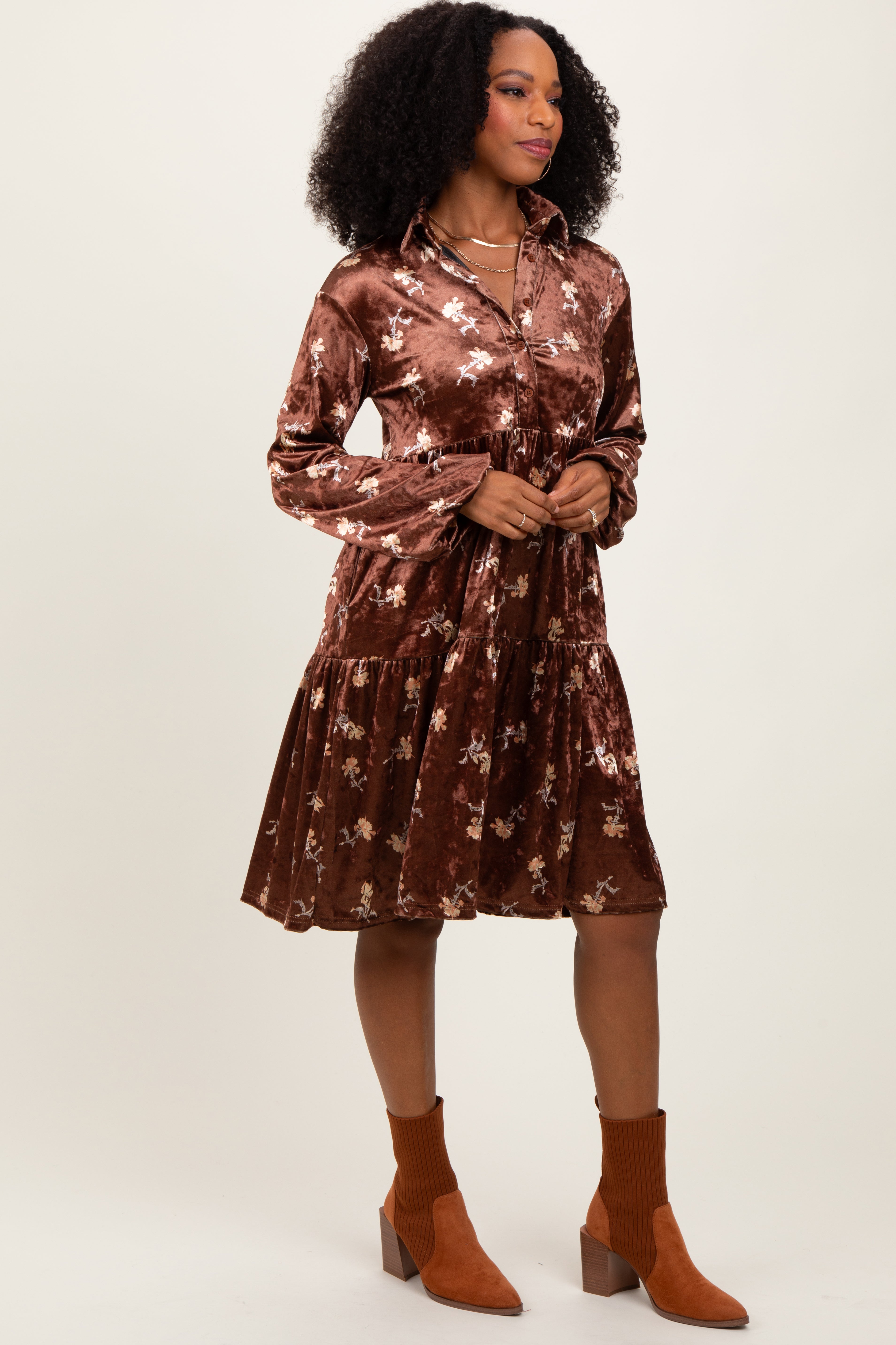 Brown Floral Velvet Button Down Midi Dress PinkBlush