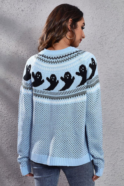 Chic ghost print long sleeve sweater with round neck